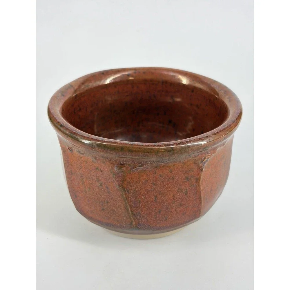 Studio Art Pottery Faceted Chawan Tea Bowl Copper glaze Bumblebee Signed